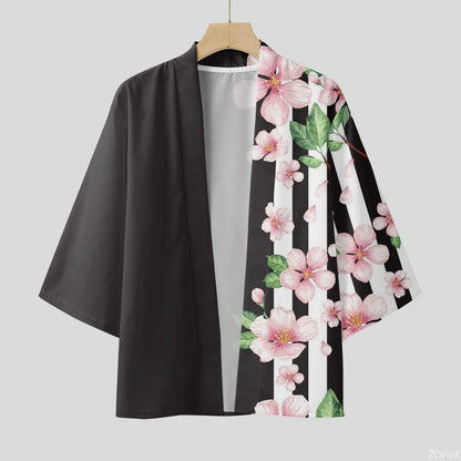 Cardigan Kimono Homme Fleurs de Cerisier Noir Rose
