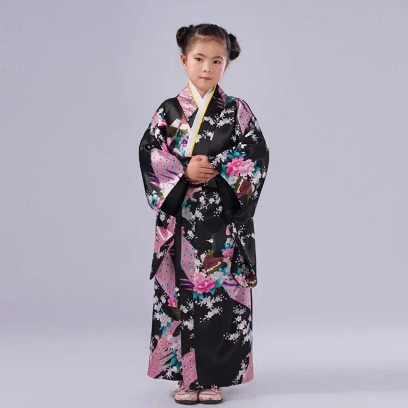 Robe de bain kimono japonaise pour enfants asiatiques, style japonais, robe Yukata paon, Obi, Haori vintage, costume de cosplay Halloween
