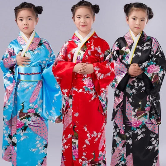 Robe de bain kimono japonaise pour enfants asiatiques, style japonais, robe Yukata paon, Obi, Haori vintage, costume de cosplay Halloween
