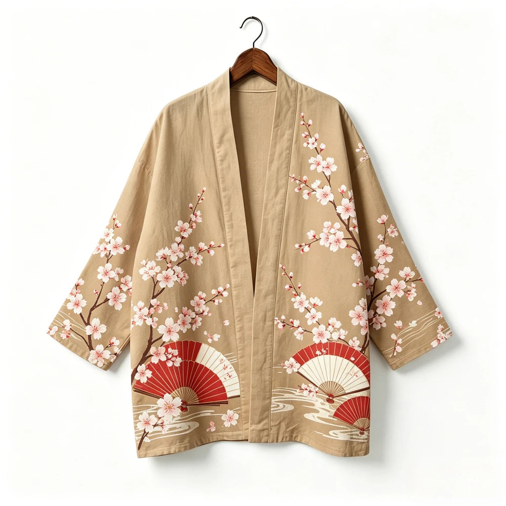 Kimono japonais unisexe en coton, style vintage, imprimé floral Sakura et grue, pour l'été, la plage, ou comme veste décontractée ample bohème
