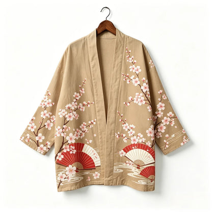 Kimono japonais unisexe en coton, style vintage, imprimé floral Sakura et grue, pour l'été, la plage, ou comme veste décontractée ample bohème