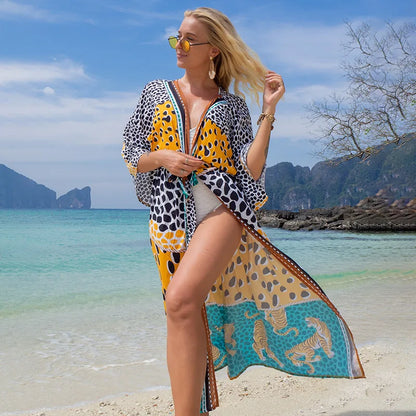 Kimono imprimé pour la plage, cover-up pour les maillots de bain, style boho, long, luxe, ceinturé, cape, vacances, soldes