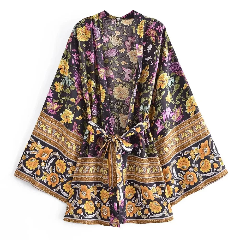 Robes Kimono Bohèmes pour Femmes, Imprimé Floral, Manches Chauve-Souris, Col en V, avec Nœuds, Style Bohème, Cache-Maillots de Plage d'Été avec Pompons