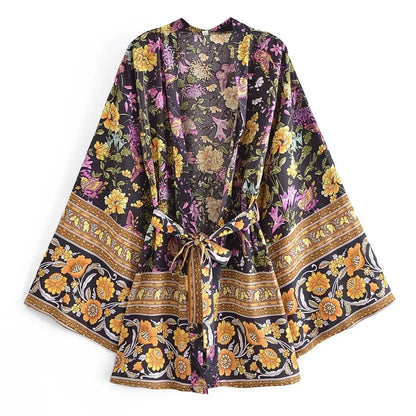 Robes Kimono Bohèmes pour Femmes, Imprimé Floral, Manches Chauve-Souris, Col en V, avec Nœuds, Style Bohème, Cache-Maillots de Plage d'Été avec Pompons