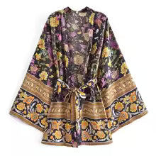 Robes Kimono Bohèmes pour Femmes, Imprimé Floral, Manches Chauve-Souris, Col en V, avec Nœuds, Style Bohème, Cache-Maillots de Plage d'Été avec Pompons