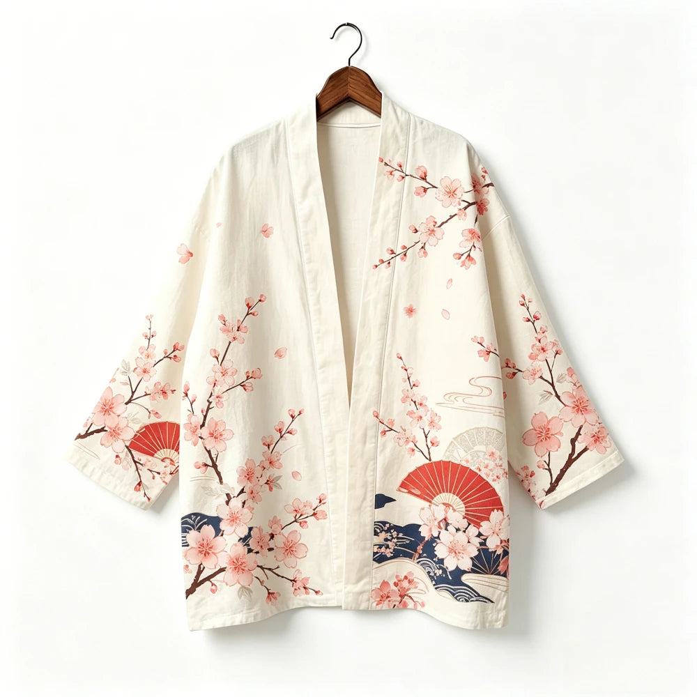 Kimono japonais unisexe en coton, style vintage, imprimé floral Sakura et grue, pour l'été, la plage, ou comme veste décontractée ample bohème