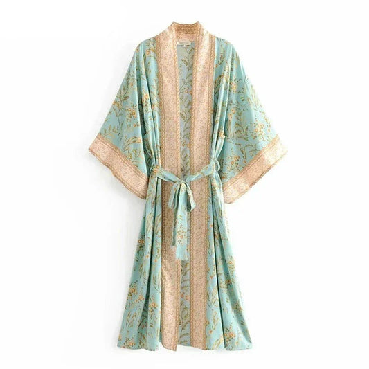 Kimono Bohème Floral Vert Rayonne