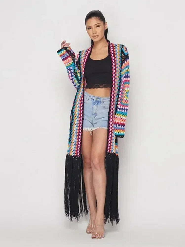 Boho-Long kimono crocheté à franges fait à la main, sexy, amissié, auto ceinturé, robe ronde, vêtements de plage, maillot de bain, A1215