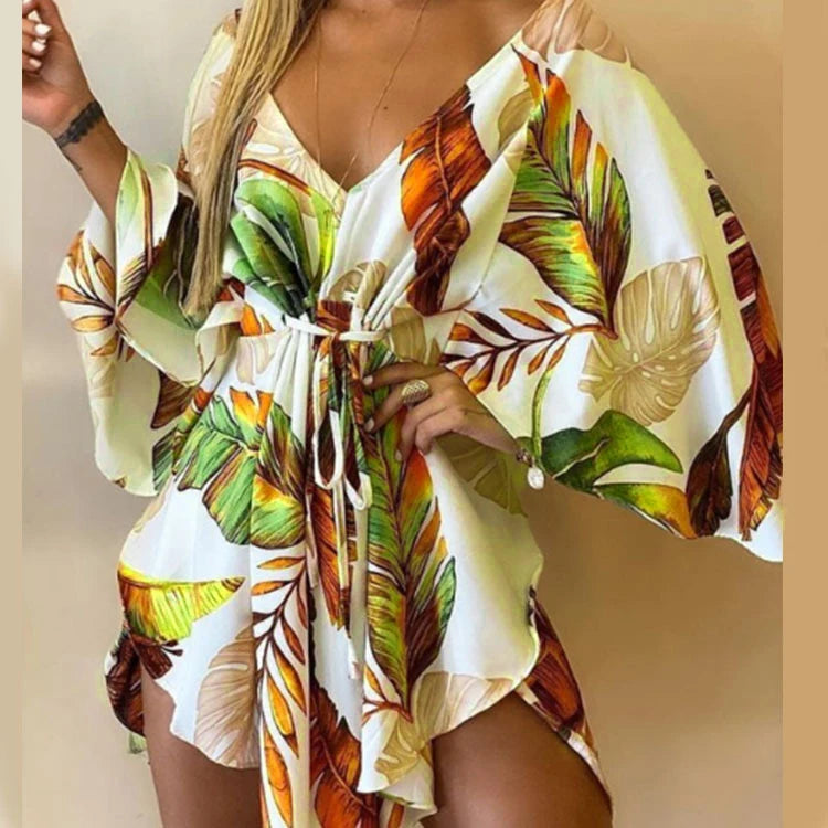 Robe de plage kimono à imprimé floral pour femme, col en V, manches chauve-souris et taille à nouer