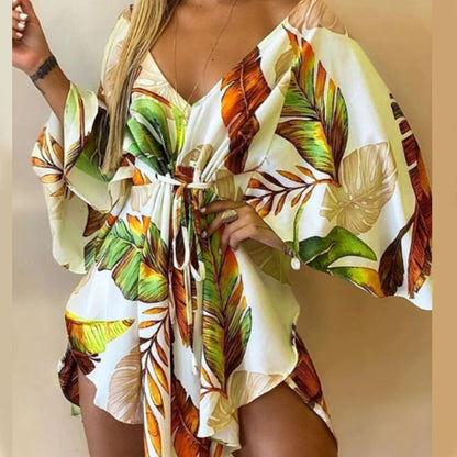 Robe de plage kimono à imprimé floral pour femme, col en V, manches chauve-souris et taille à nouer