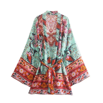 Happie Queens Vintage paon imprimé fleuri ceintures bohème Kimono femmes col en V manches chauve-souris Robe courte Boho Bikini couvertures