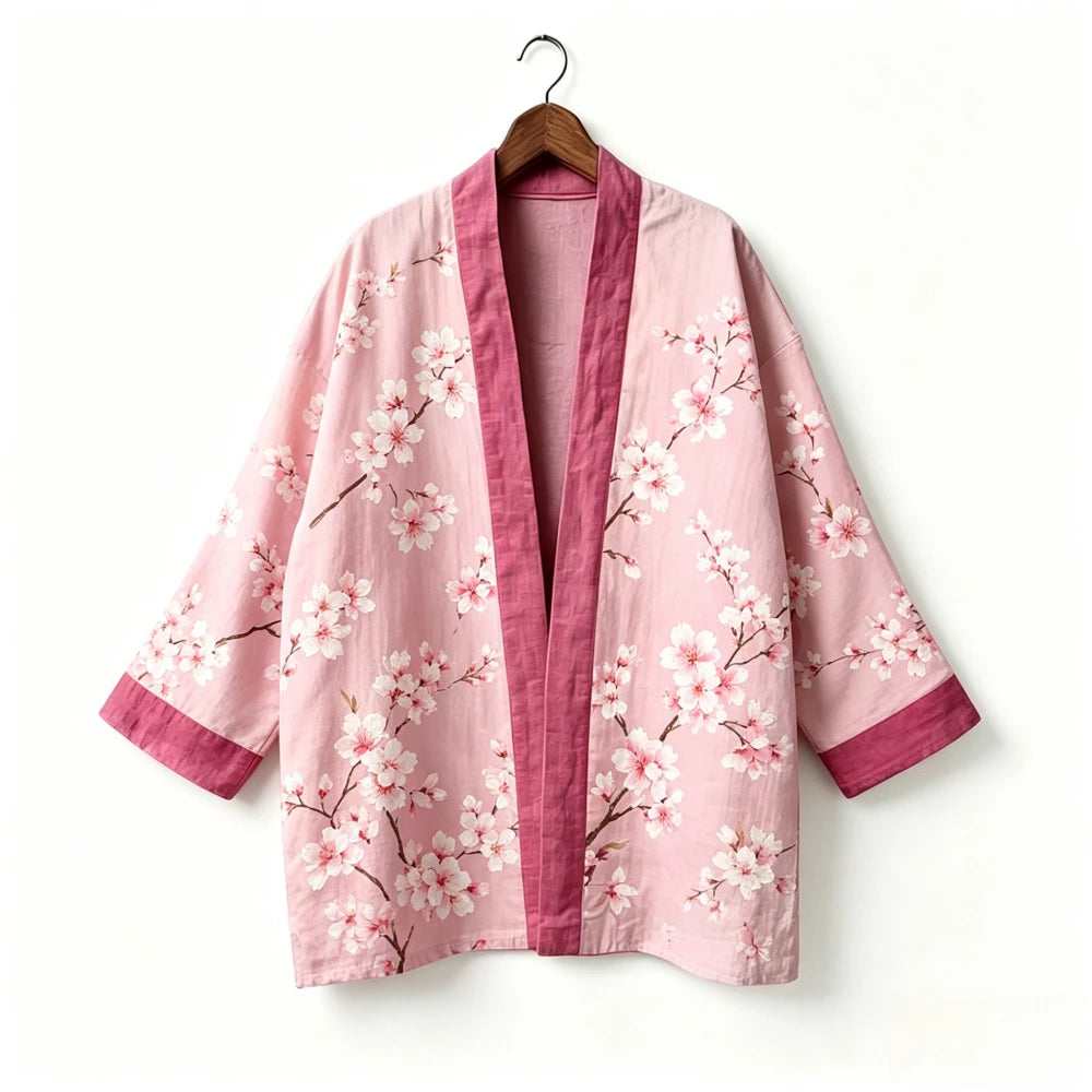 Kimono japonais unisexe en coton, style vintage, imprimé floral Sakura et grue, pour l'été, la plage, ou comme veste décontractée ample bohème