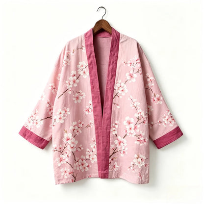 Kimono japonais unisexe en coton, style vintage, imprimé floral Sakura et grue, pour l'été, la plage, ou comme veste décontractée ample bohème