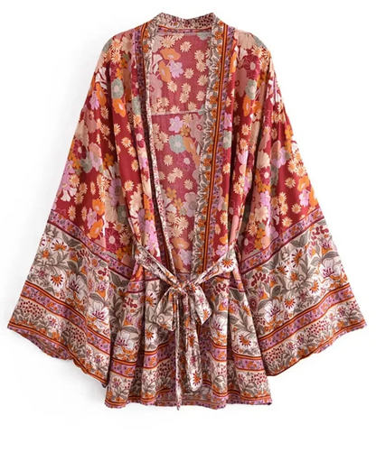 Kimono Bohème Floral Rouge Vintage