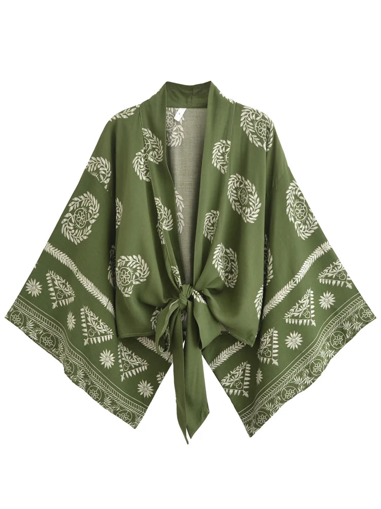 Cache maillot à manches chauve-souris imprimé floral pour femme, kimono bohème, robe courte, maillots de bain vintage, vêtements de plage, mode