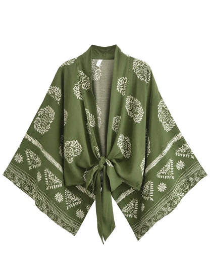 Cache maillot à manches chauve-souris imprimé floral pour femme, kimono bohème, robe courte, maillots de bain vintage, vêtements de plage, mode