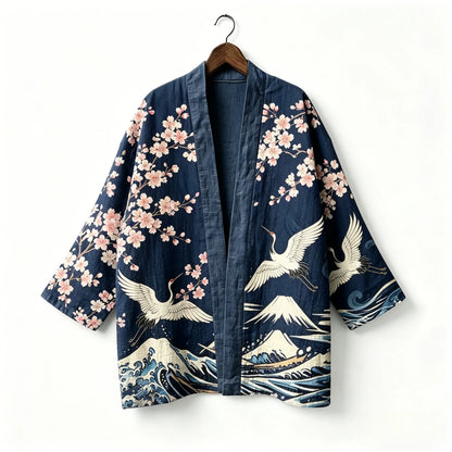 Kimono japonais unisexe en coton, style vintage, imprimé floral Sakura et grue, pour l'été, la plage, ou comme veste décontractée ample bohème