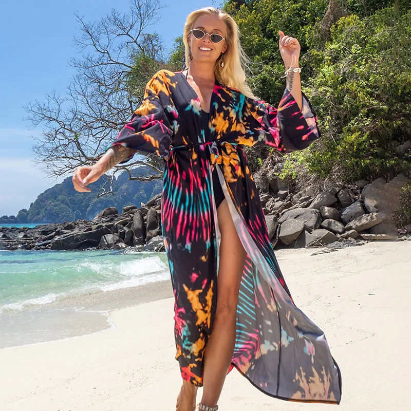Kimono imprimé pour la plage, cover-up pour les maillots de bain, style boho, long, luxe, ceinturé, cape, vacances, soldes