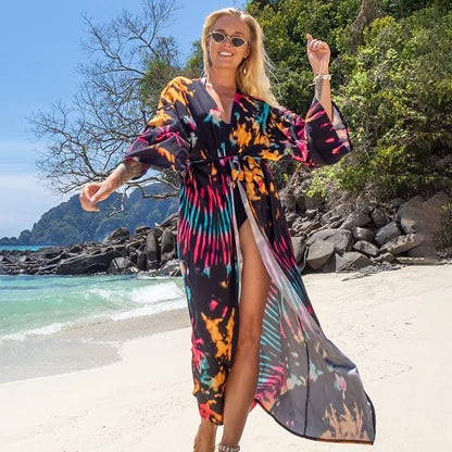 Kimono imprimé pour la plage, cover-up pour les maillots de bain, style boho, long, luxe, ceinturé, cape, vacances, soldes