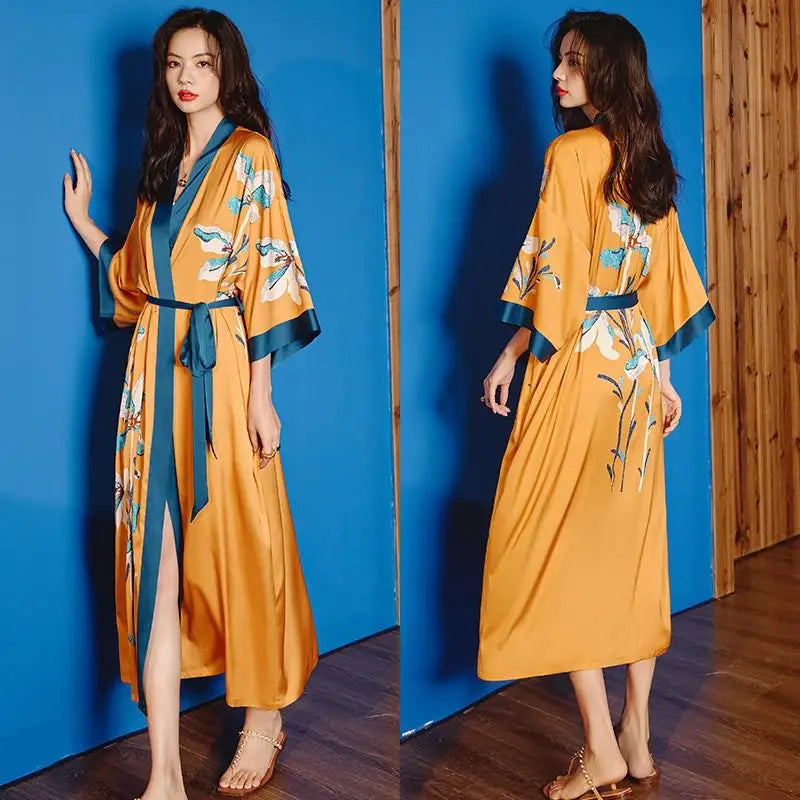 Robe Longue Kimono Imprimé Floral Bohème Chic