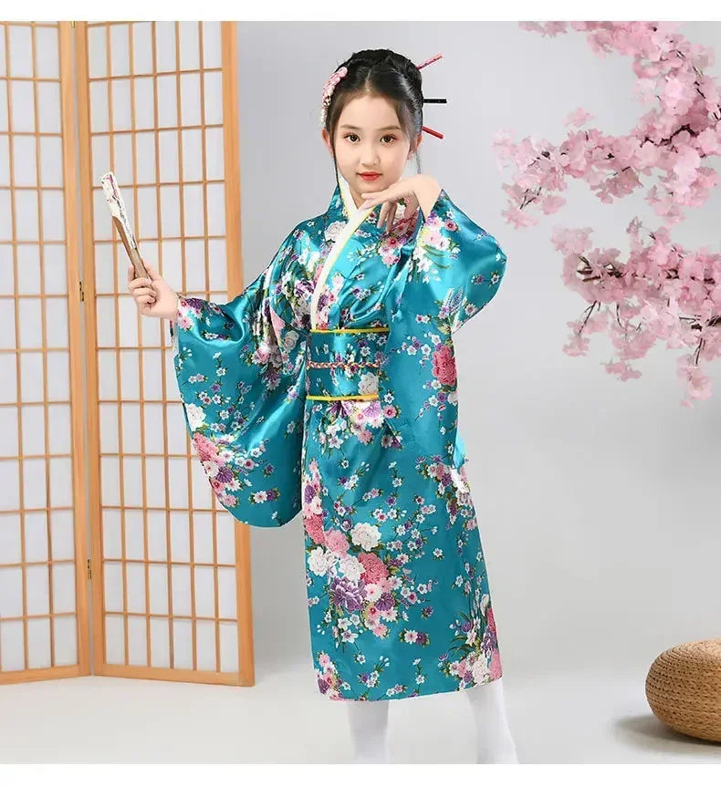 Robe de bain kimono japonaise pour enfants asiatiques, style japonais, robe Yukata paon, Obi, Haori vintage, costume de cosplay Halloween