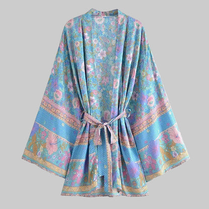 Kimono Boho imprimé floral pour femmes, col en V, manches chauve-souris, robe courte, ceintures, plage de vacances, couvertures de bikini