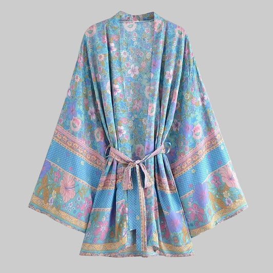 Kimono Boho imprimé floral pour femmes, col en V, manches chauve-souris, robe courte, ceintures, plage de vacances, couvertures de bikini