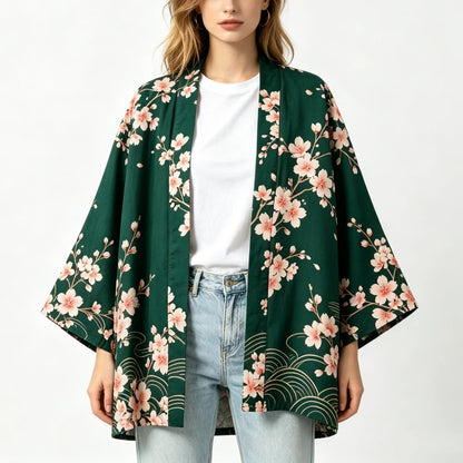 Kimono japonais unisexe en coton, style vintage, imprimé floral Sakura et grue, pour l'été, la plage, ou comme veste décontractée ample bohème