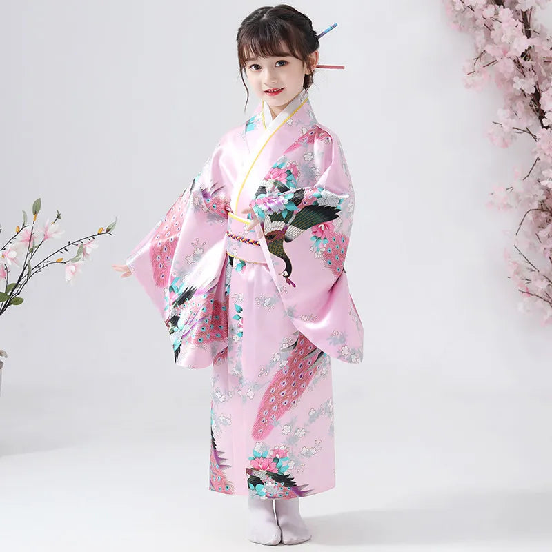 Kimono traditionnel japonais pour enfants, motif paon, pour filles et garçons, idéal pour les spectacles scolaires, thème Sakura, style asiatique