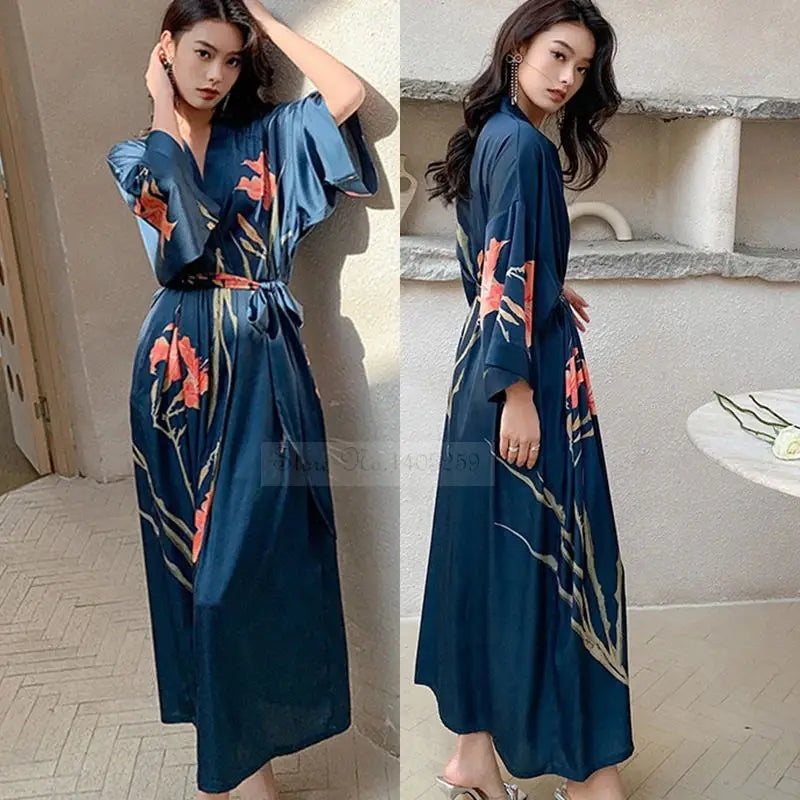 Robe Longue Kimono Imprimé Floral Bohème Chic