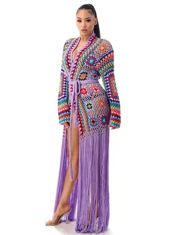 Boho-Long kimono crocheté à franges fait à la main, sexy, amissié, auto ceinturé, robe ronde, vêtements de plage, maillot de bain, A1215