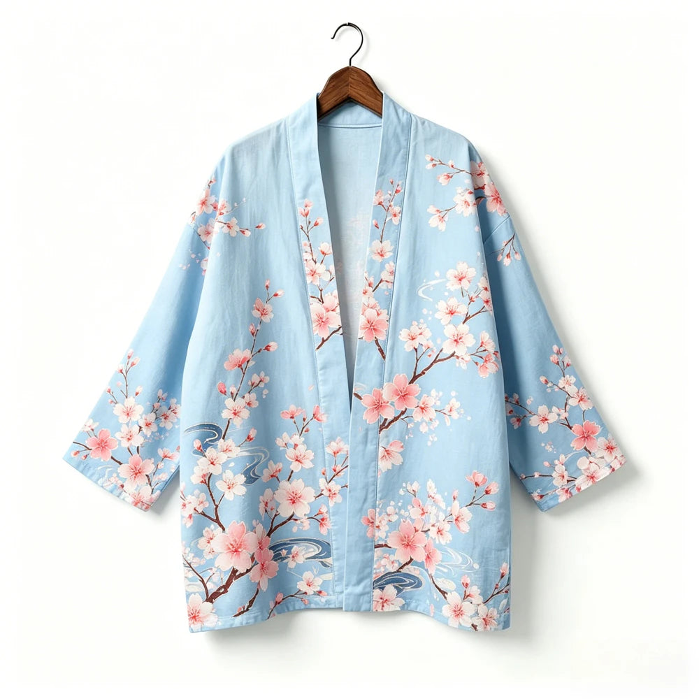 Kimono japonais unisexe en coton, style vintage, imprimé floral Sakura et grue, pour l'été, la plage, ou comme veste décontractée ample bohème