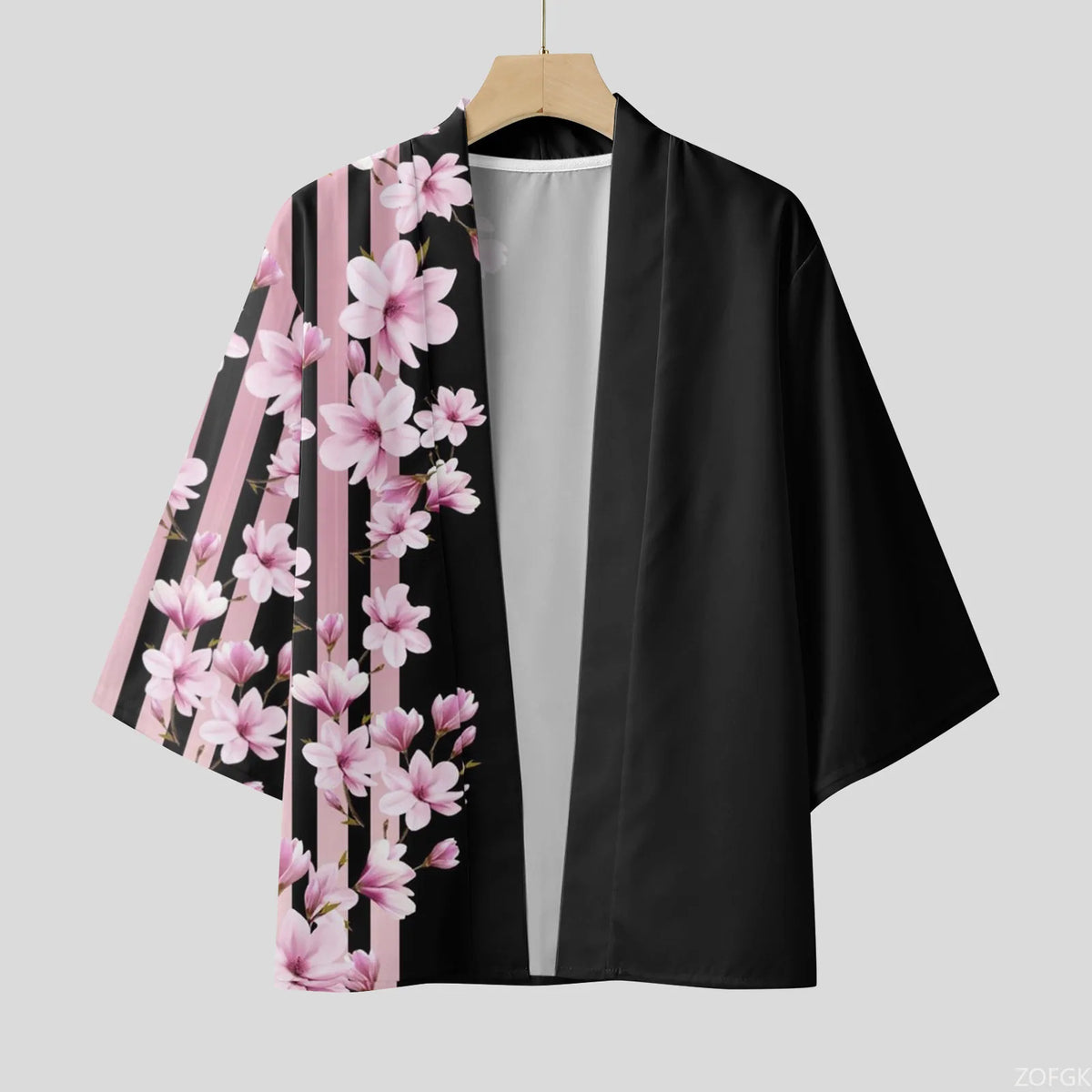 Cardigan Kimono Homme Fleurs de Cerisier Noir Rose