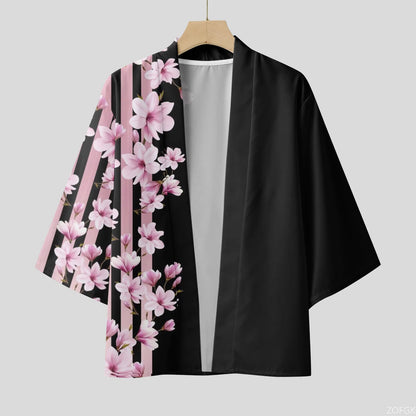 Cardigan Kimono Homme Fleurs de Cerisier Noir Rose