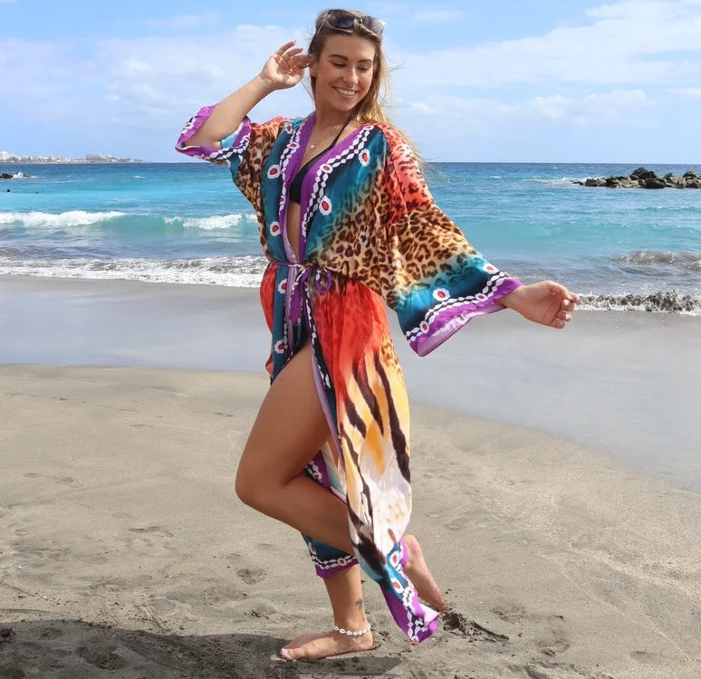 Kimono imprimé pour la plage, cover-up pour les maillots de bain, style boho, long, luxe, ceinturé, cape, vacances, soldes