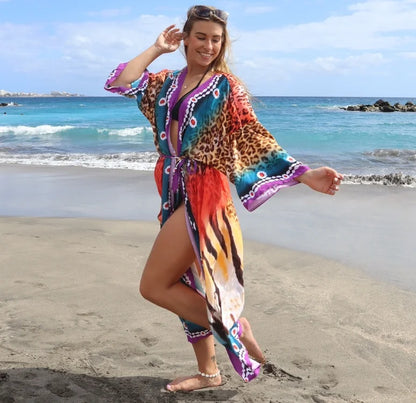 Kimono imprimé pour la plage, cover-up pour les maillots de bain, style boho, long, luxe, ceinturé, cape, vacances, soldes
