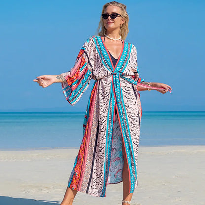 Kimono imprimé pour la plage, cover-up pour les maillots de bain, style boho, long, luxe, ceinturé, cape, vacances, soldes