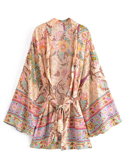 Happie Queens Vintage paon imprimé fleuri ceintures bohème Kimono femmes col en V manches chauve-souris Robe courte Boho Bikini couvertures