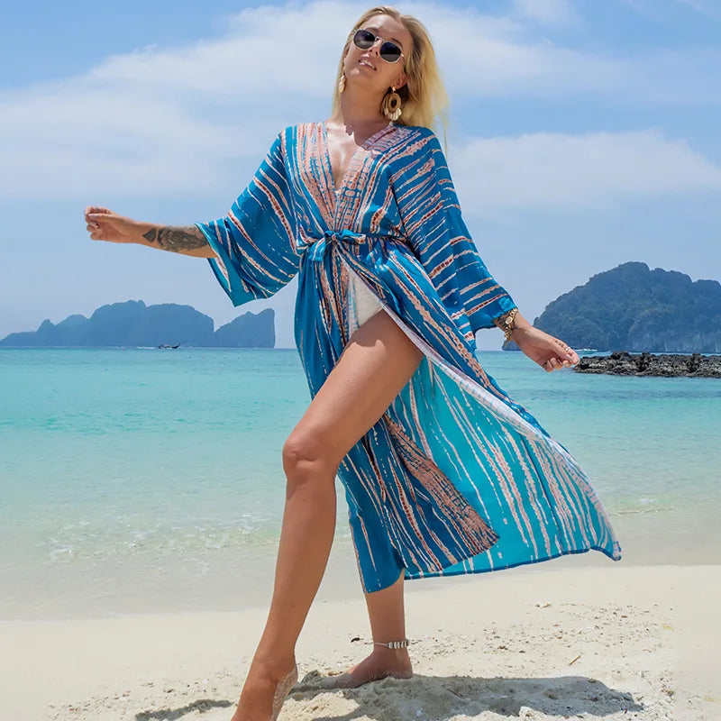 Kimono imprimé pour la plage, cover-up pour les maillots de bain, style boho, long, luxe, ceinturé, cape, vacances, soldes