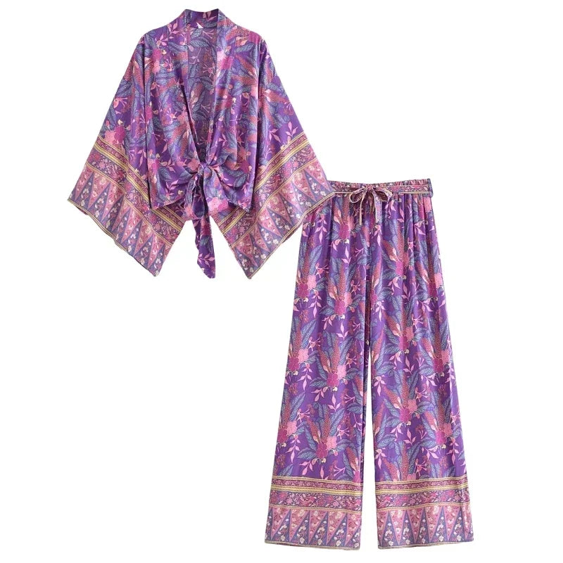 Boho Dinner ens-Tenues à imprimé floral violet pour femmes, kimono court, robe bohème, olympiques, pantalons à jambes larges, rayonne, ensembles de maillots de bain, 2 pièces