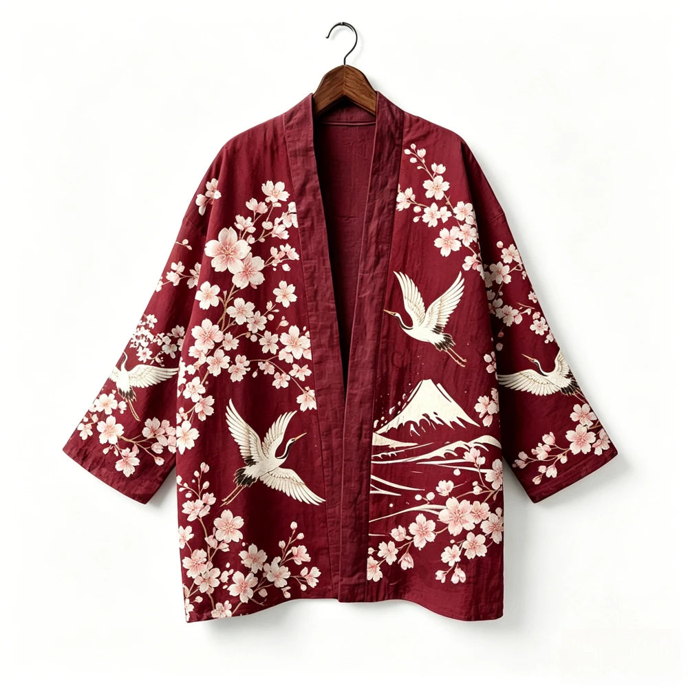 Kimono japonais unisexe en coton, style vintage, imprimé floral Sakura et grue, pour l'été, la plage, ou comme veste décontractée ample bohème