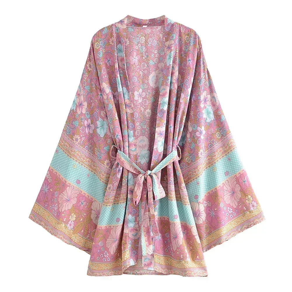 Kimono Boho imprimé floral pour femmes, col en V, manches chauve-souris, robe courte, ceintures, plage de vacances, couvertures de bikini
