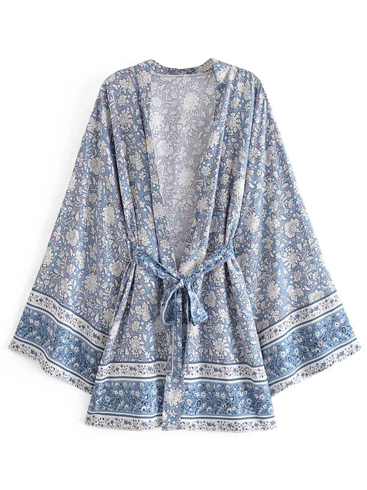 Vintage Chic femmes imprimé fleuri manches chauve-souris plage bohème courte Kimono Robe dames rayonne coton Bikini Robe Boho couvertures