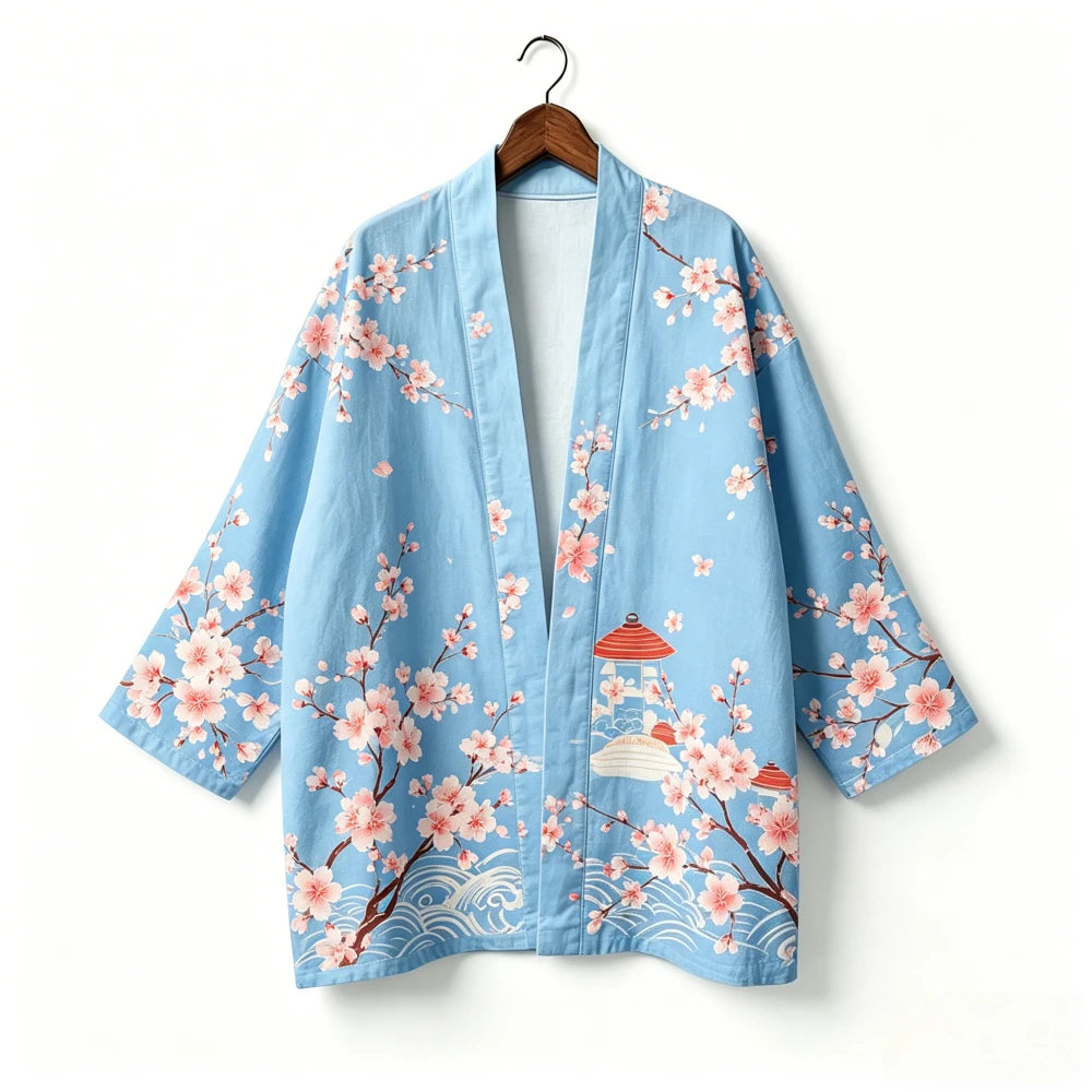 Kimono japonais unisexe en coton, style vintage, imprimé floral Sakura et grue, pour l'été, la plage, ou comme veste décontractée ample bohème