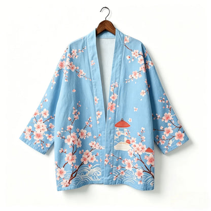 Kimono japonais unisexe en coton, style vintage, imprimé floral Sakura et grue, pour l'été, la plage, ou comme veste décontractée ample bohème