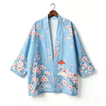 Kimono japonais unisexe en coton, style vintage, imprimé floral Sakura et grue, pour l'été, la plage, ou comme veste décontractée ample bohème