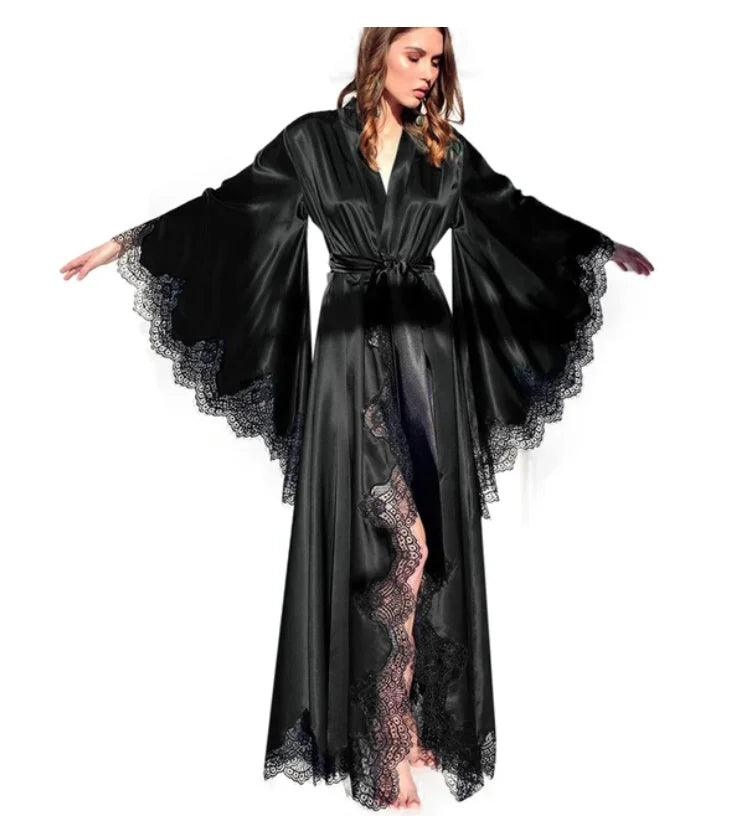 Robe Kimono Longue Satin Soie & Dentelle