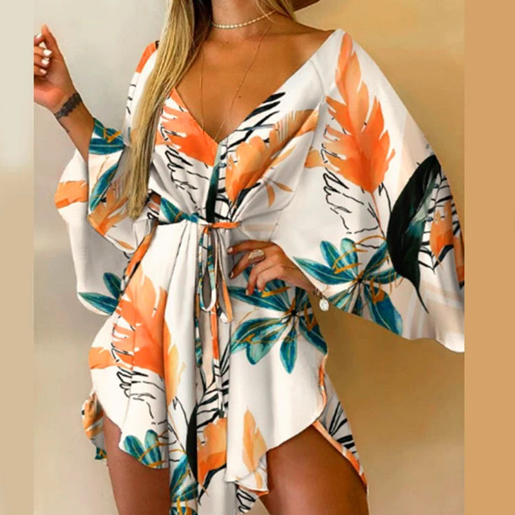 Robe de plage kimono à imprimé floral pour femme, col en V, manches chauve-souris et taille à nouer