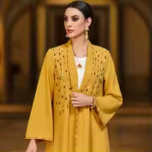 Abaya Kimono Dubaï Perlée et Strassée Jaune