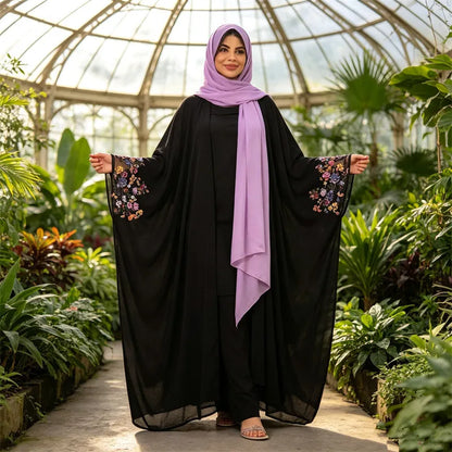 Abaya Kimono Longue Broderie Florale Pailletée